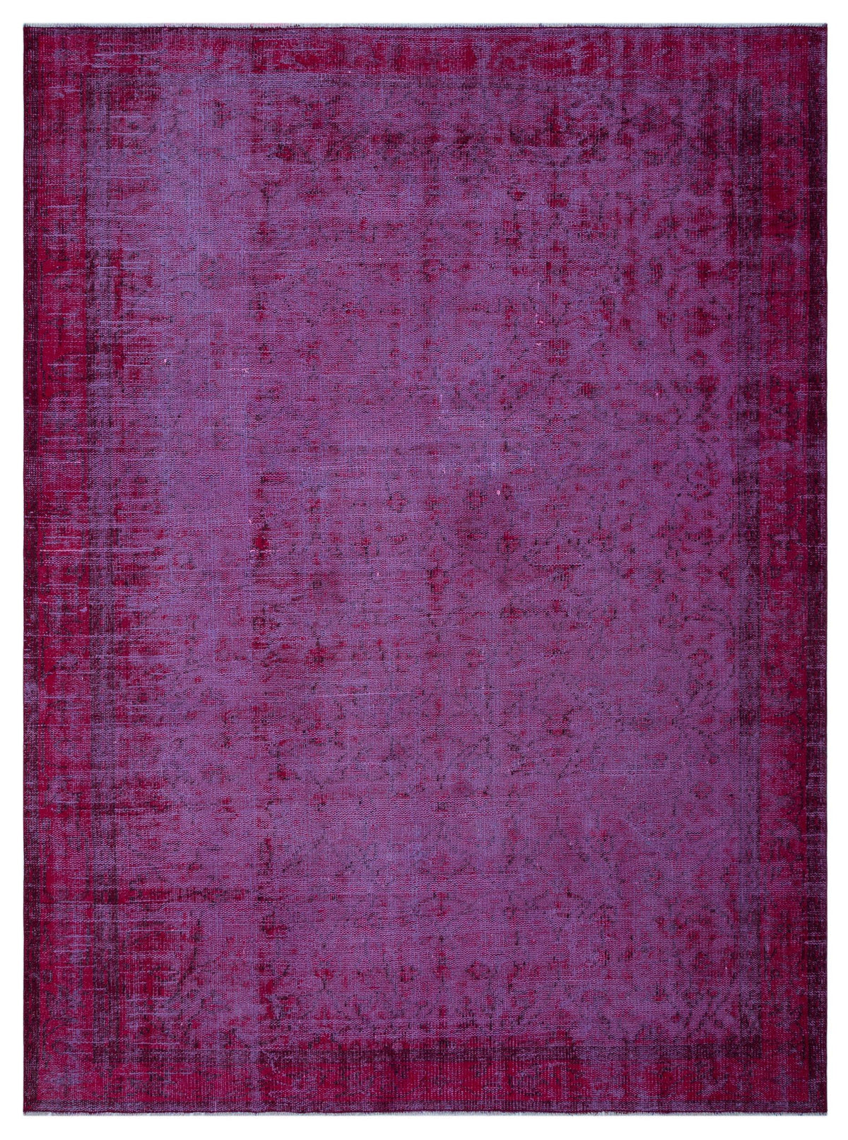 Magenta and purple distressed overdyed rug with a faded traditional medallion pattern.