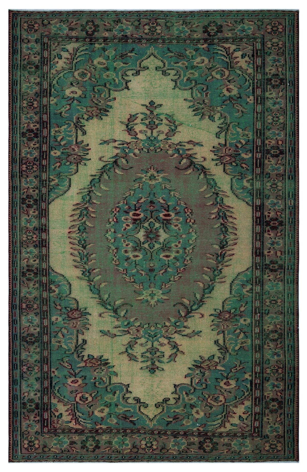 Distressed teal and beige traditional rug with a central floral medallion and ornate border.