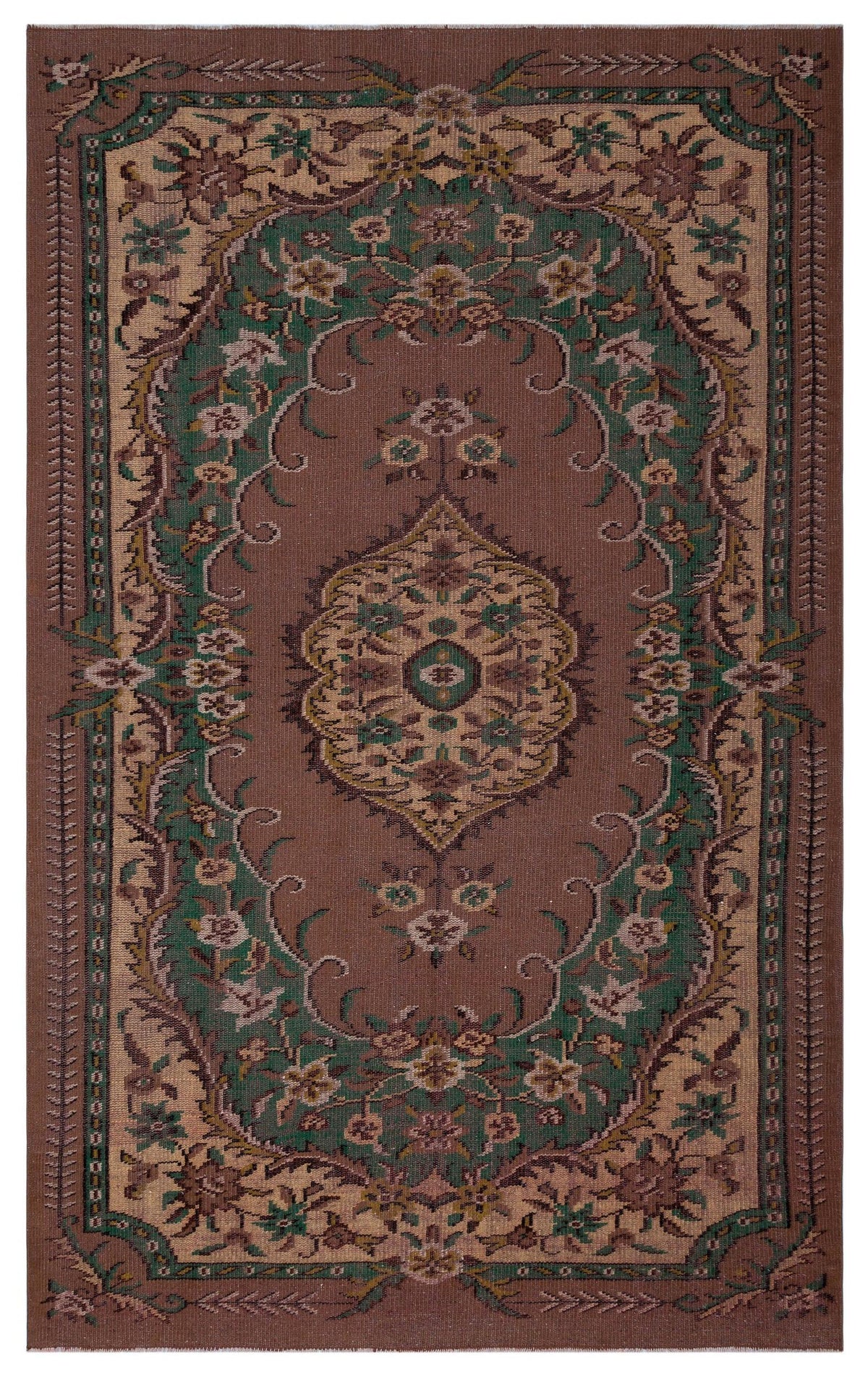 Brown and green traditional rug with a central floral medallion and ornate border on a white background.
