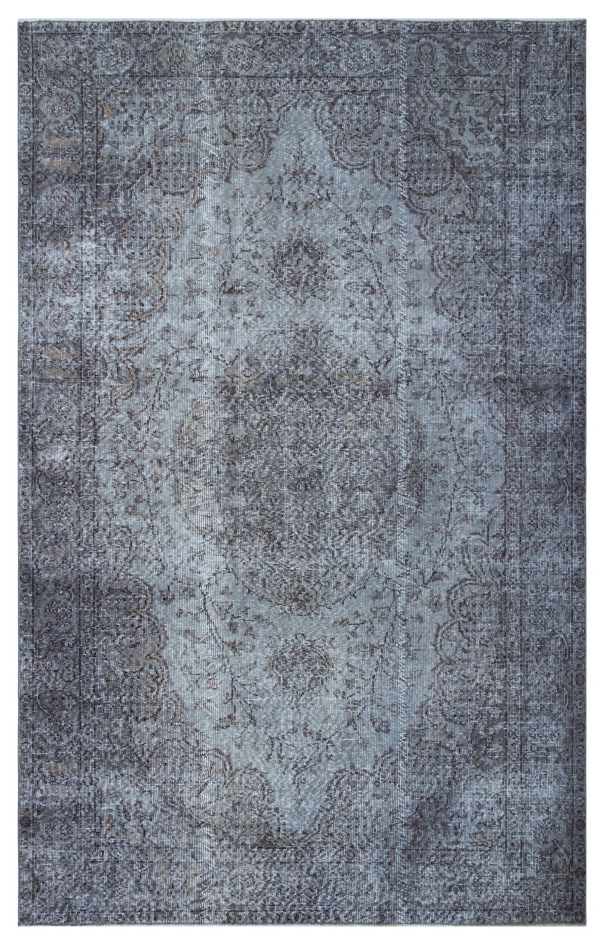 Grey and charcoal distressed traditional rug with a central floral medallion and ornate border.