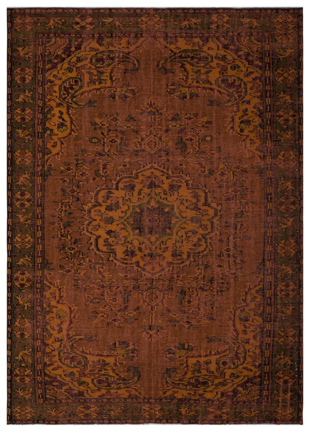 Rust and dark green traditional rug with a central medallion and ornate floral border on a solid background.