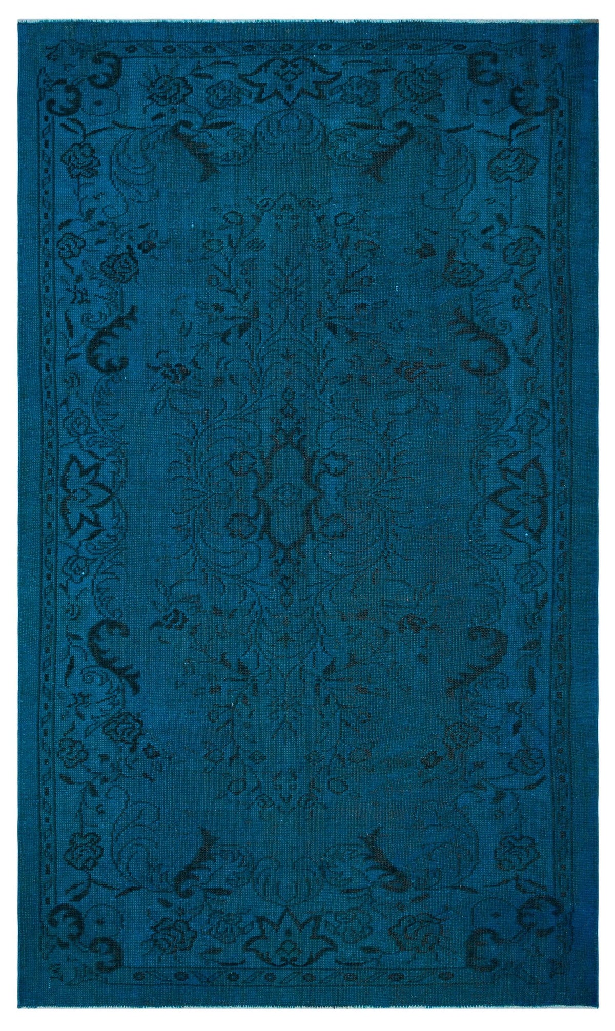 Deep blue traditional rug with a black floral medallion and ornate border pattern on a white background.