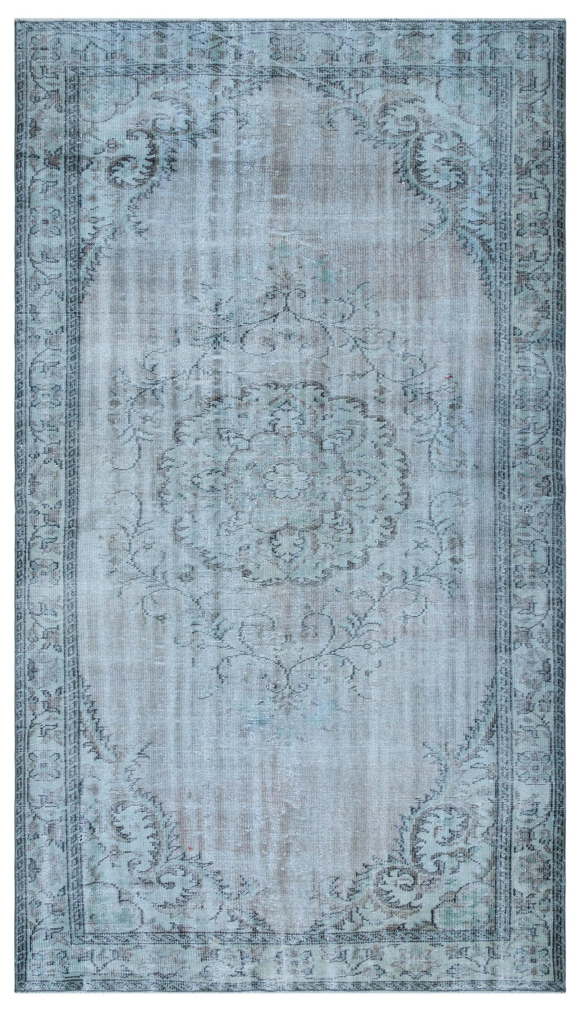Light blue and grey distressed rug with a central floral medallion and ornate border pattern.