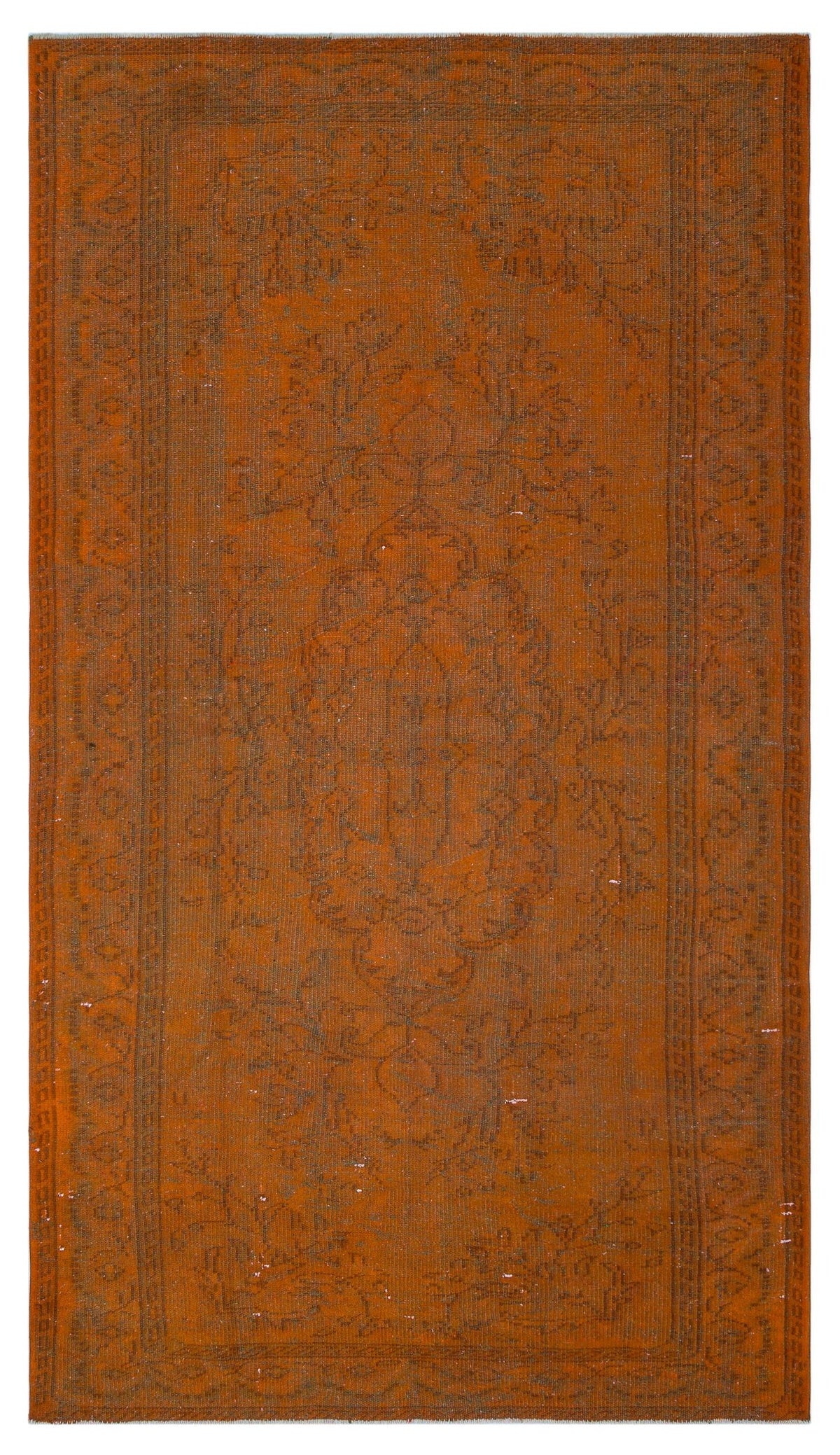 Burnt orange vintage-style rug with a dark, faded central medallion and floral border pattern on a white background.