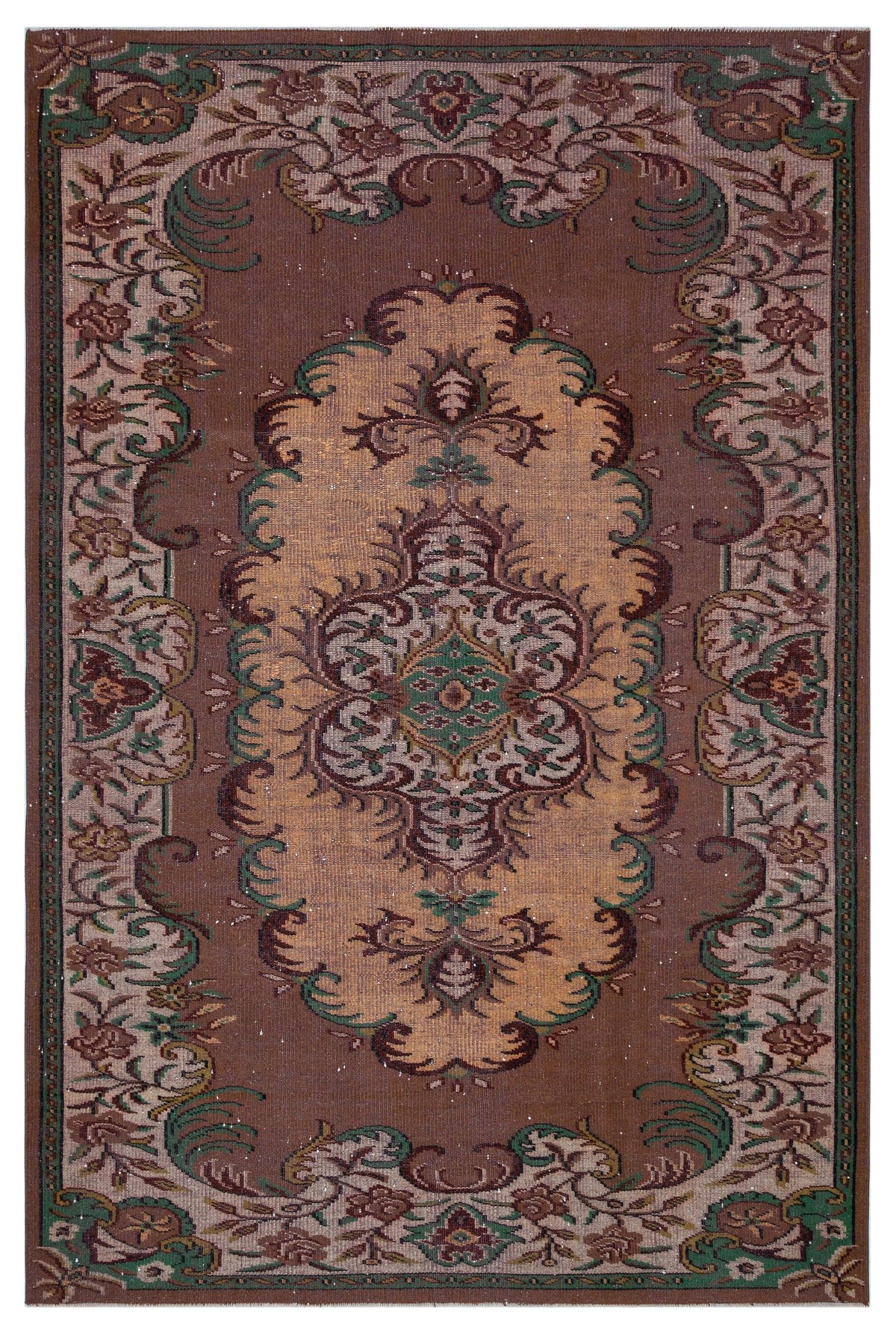 Brown and tan traditional rug with a central floral medallion and ornate botanical border in green and dark brown.