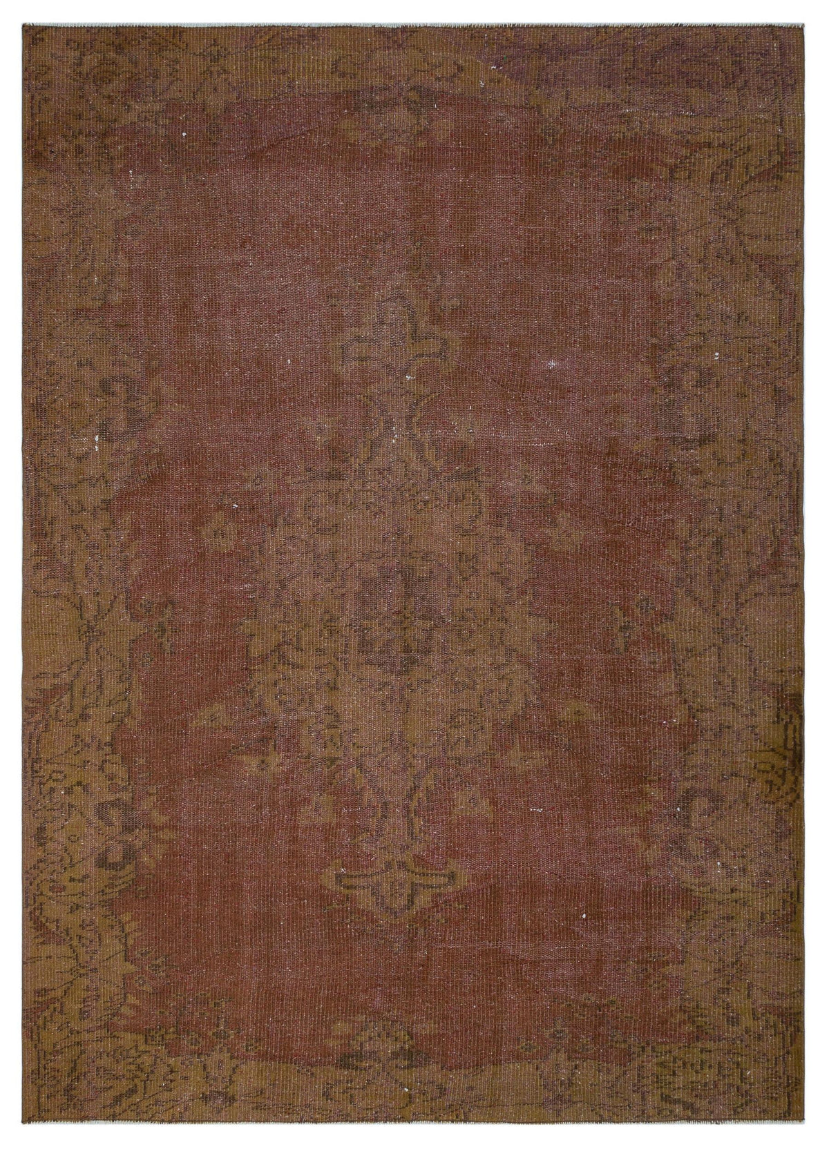 Distressed terracotta and ochre rug with a central medallion and ornate border on a white background.