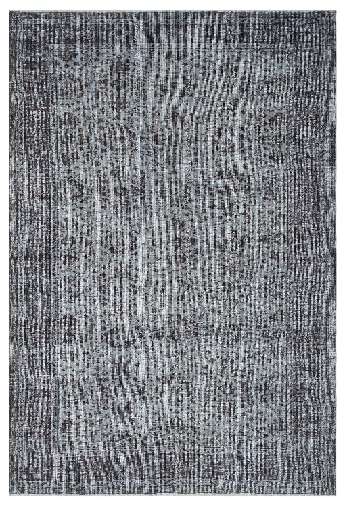 Charcoal and light gray distressed traditional rug with a faded ornate medallion pattern and a wide border.