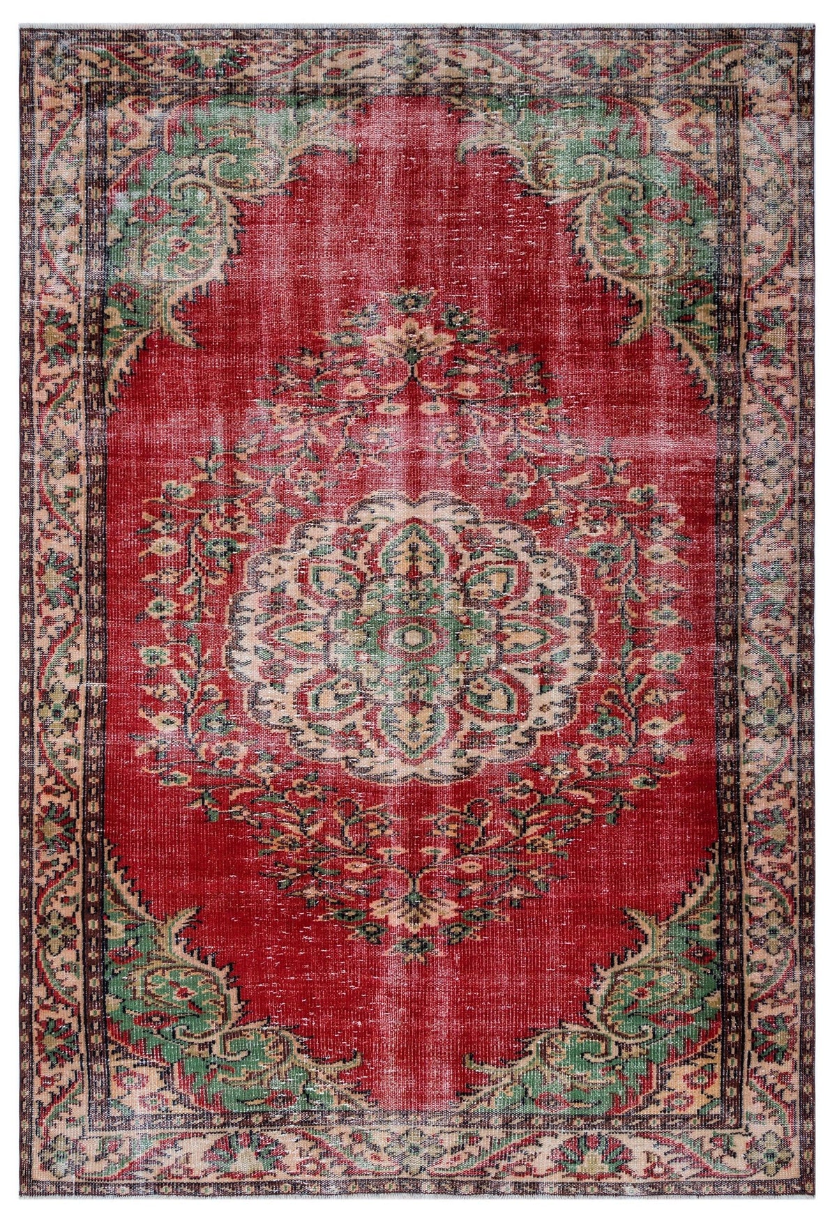 Red vintage-style rug with a central floral medallion, green and beige accents, and a distressed finish.