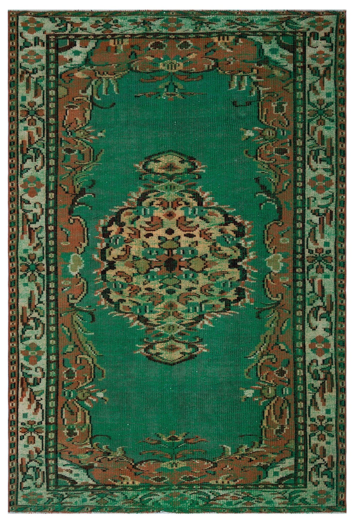 Emerald green traditional rug with a central floral medallion and ornate border in rust, black, and cream tones.