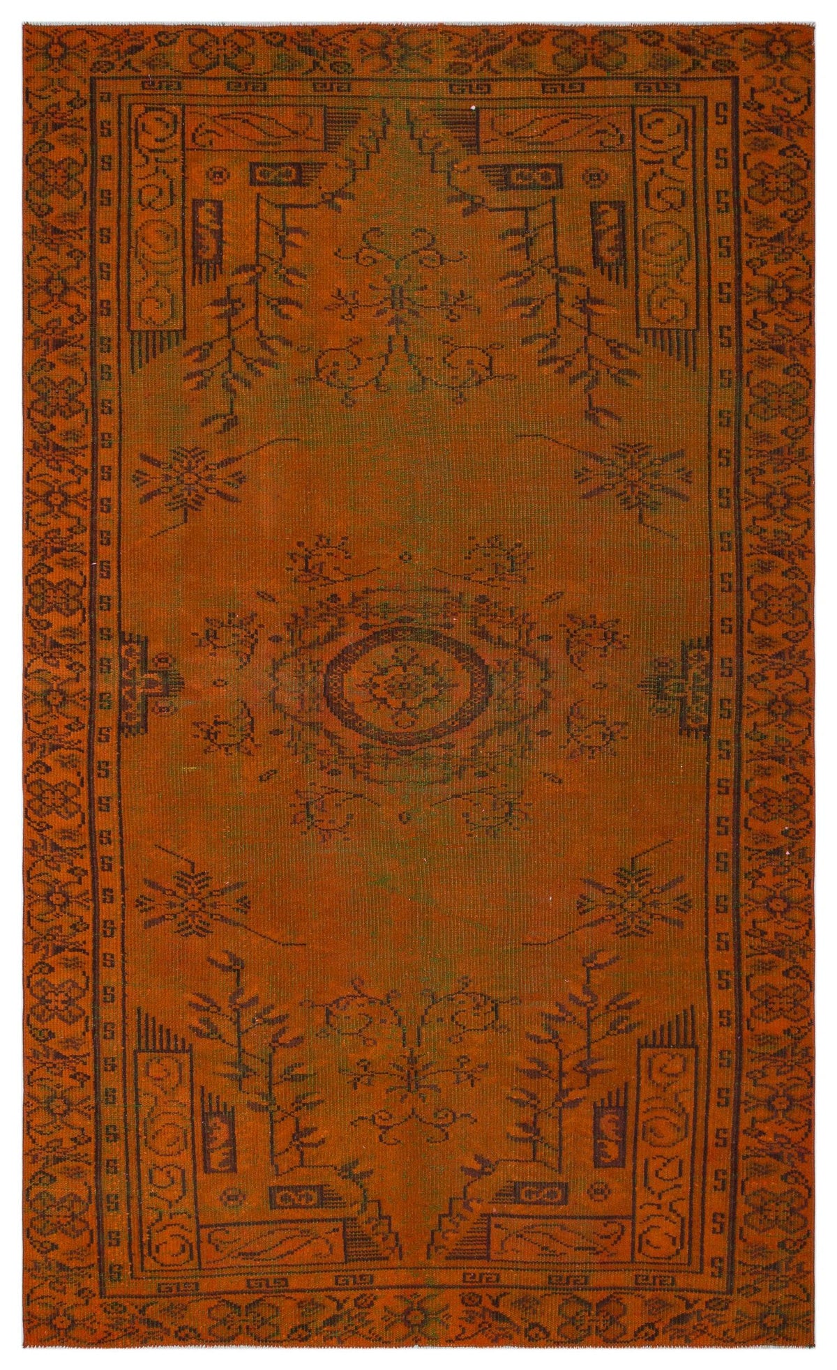 Burnt orange rug with a dark brown central medallion and traditional geometric border patterns.