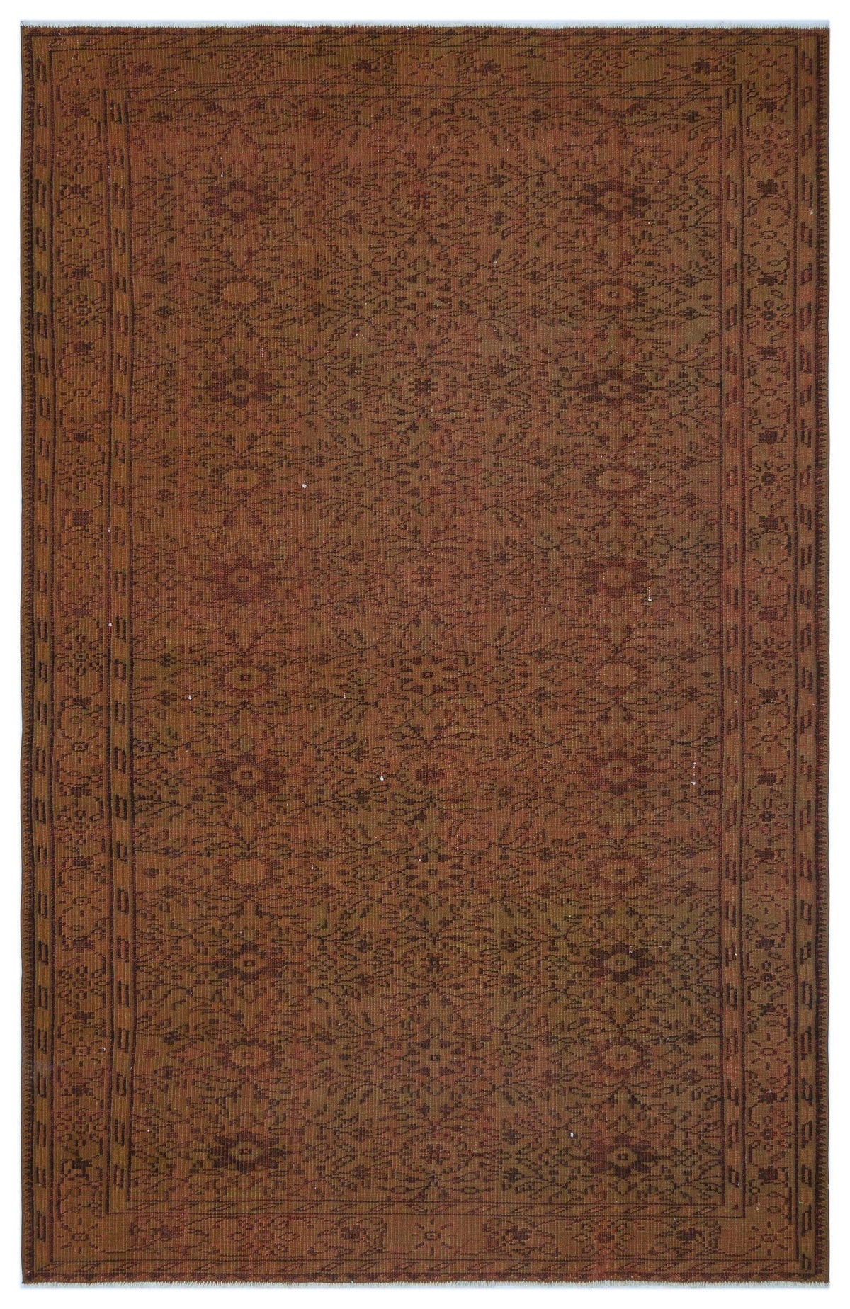 Rust-colored traditional rug with a dark brown floral medallion pattern and a detailed geometric border.