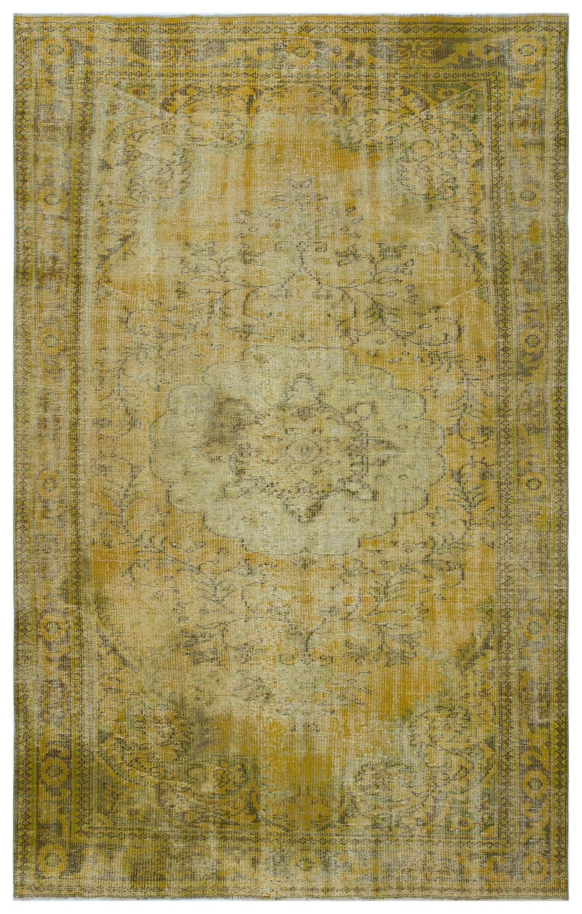 Distressed mustard yellow and olive green rug with a faded central medallion and ornate border on a white background.