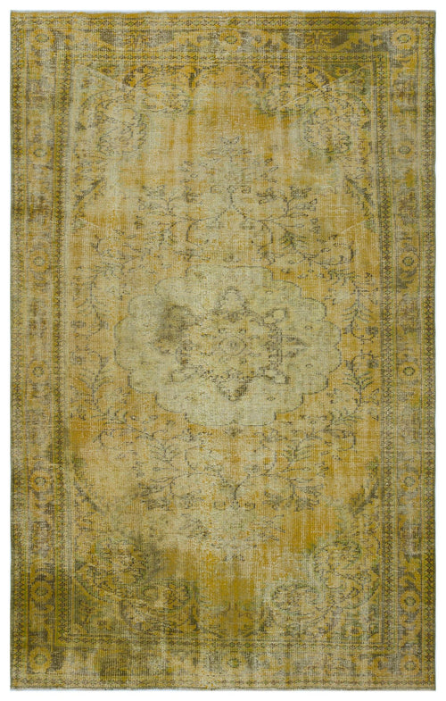 Load image 1 in gallery view. Distressed mustard yellow and olive green rug with a faded central medallion and ornate border on a white background.
