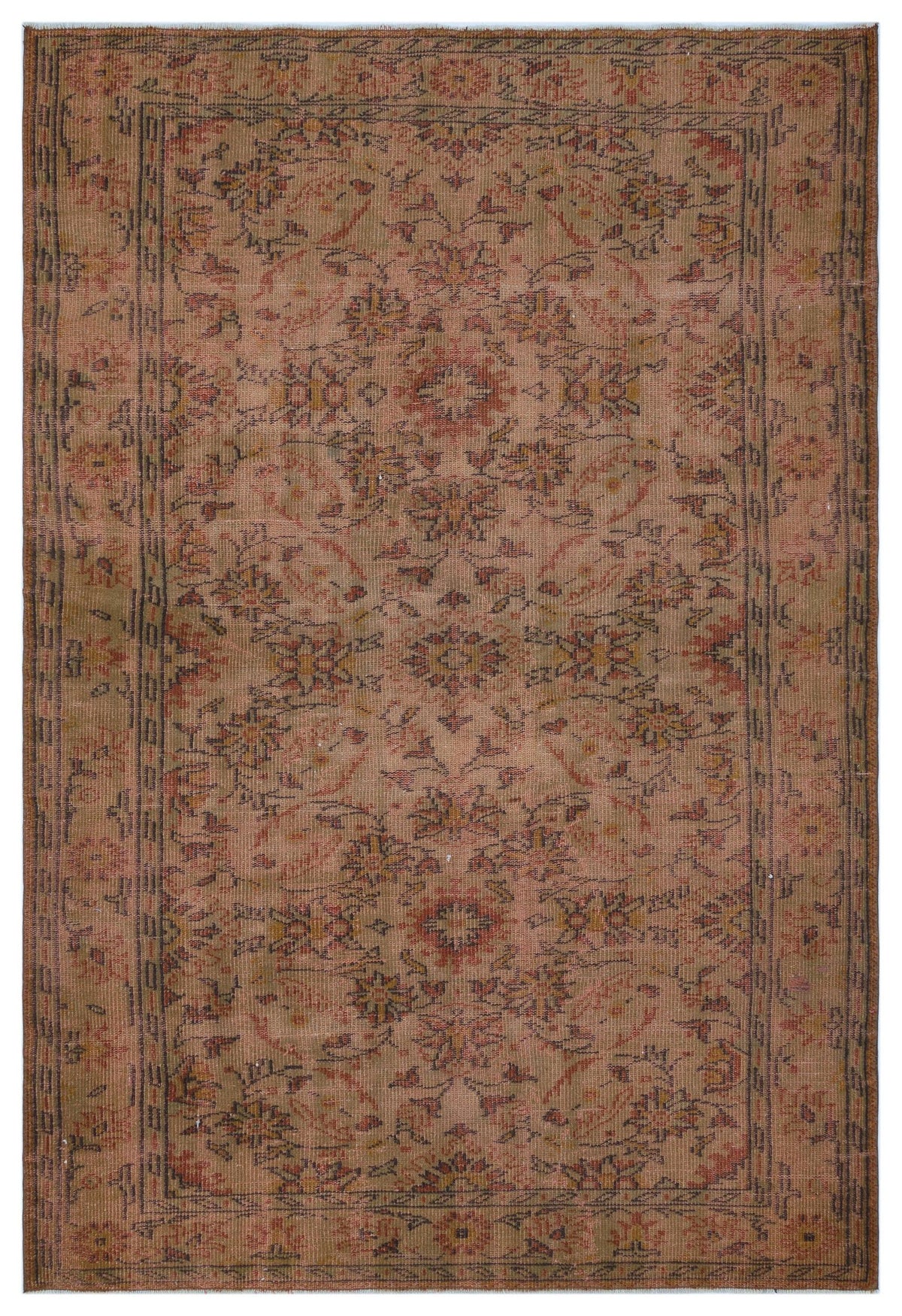 Distressed tan rug with a faded floral medallion pattern and a dark border, isolated on a white background.