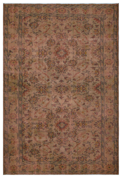 Load image 1 in gallery view. Distressed tan rug with a faded floral medallion pattern and a dark border, isolated on a white background.