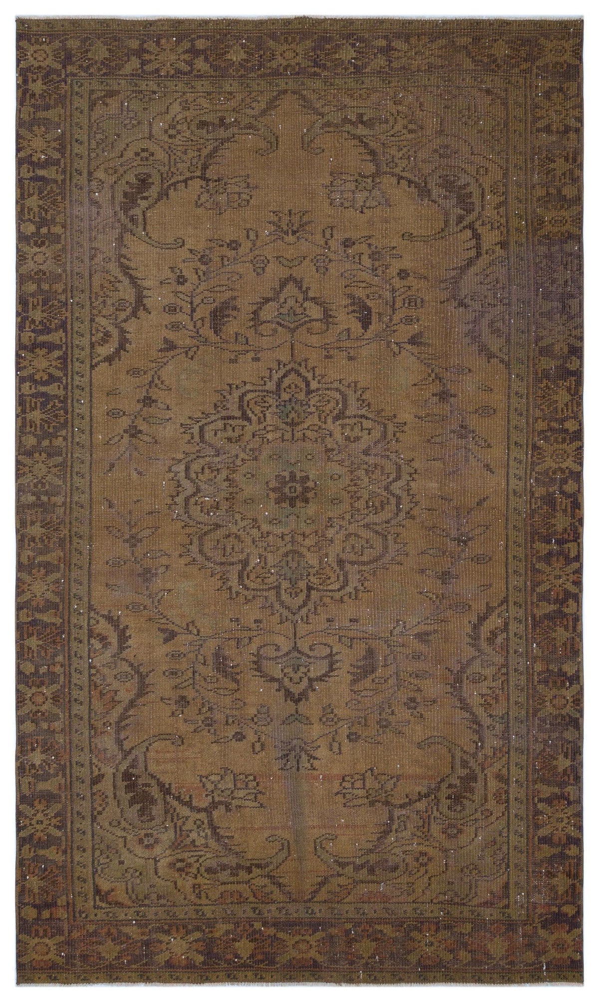 Brown vintage-style rug with a central floral medallion, ornate border, and distressed, faded finish.