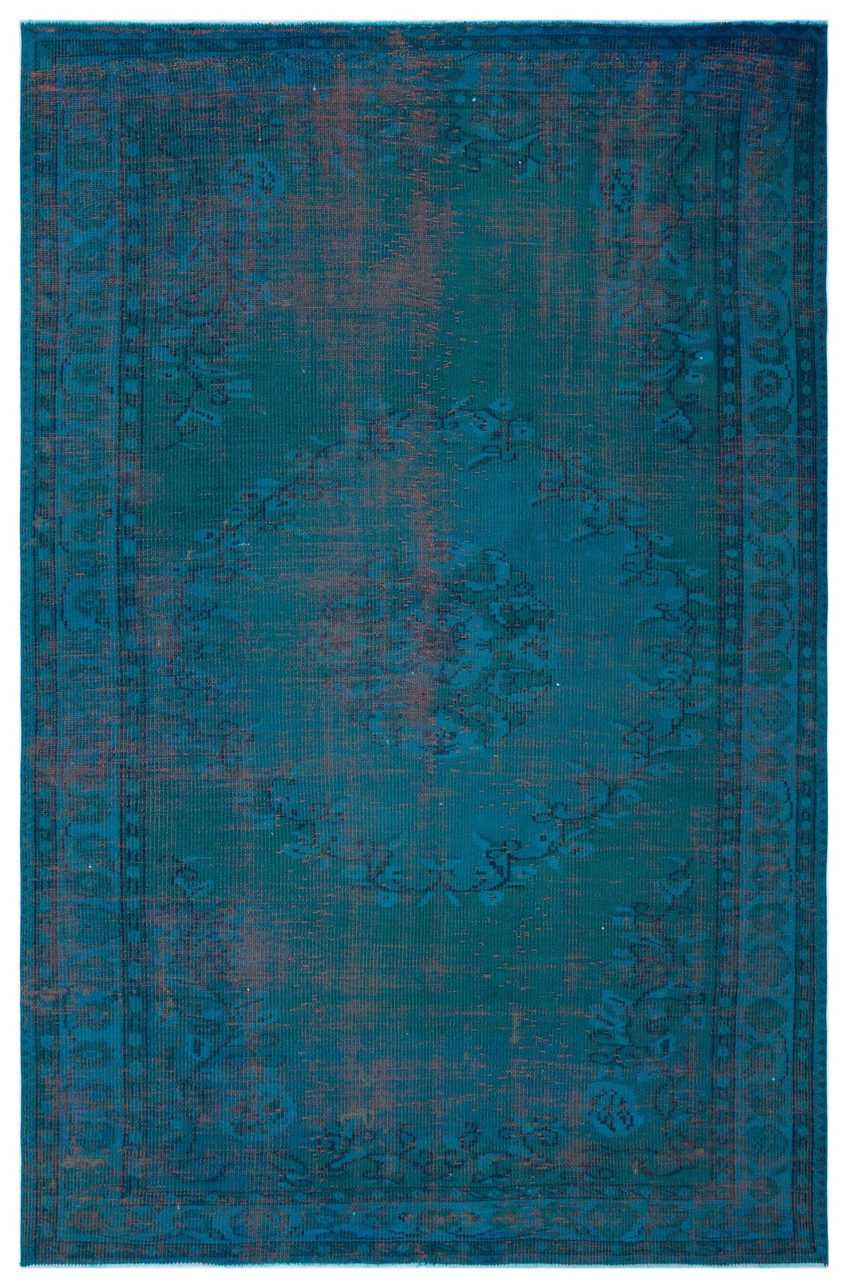 Teal and rust-colored distressed rug with a central floral medallion and traditional border pattern.