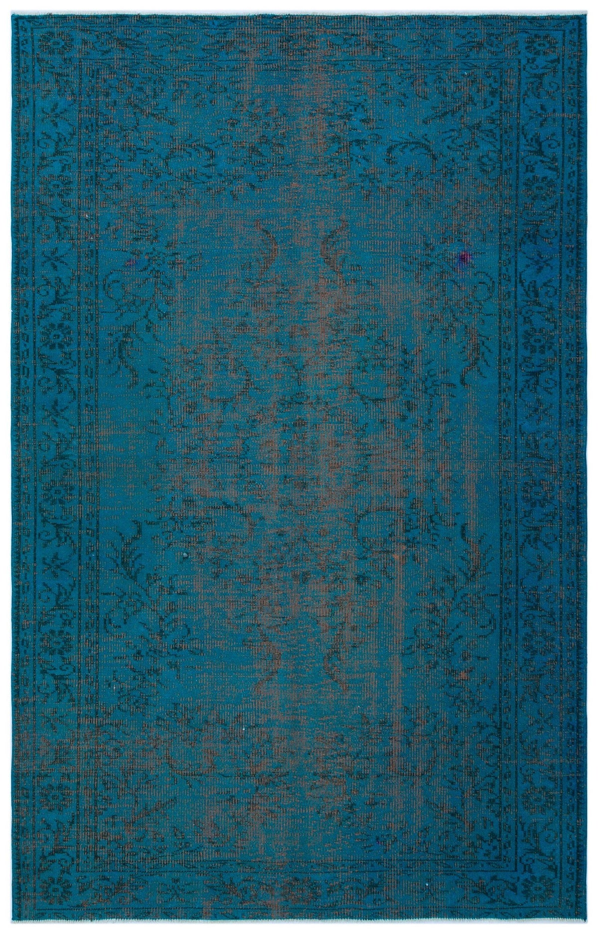 Teal distressed rug with a faded traditional floral medallion pattern and a decorative border.