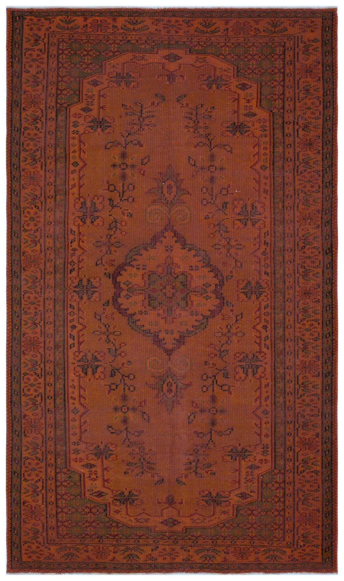 Rust-colored traditional rug with a central medallion and dark green geometric border patterns on a white background.