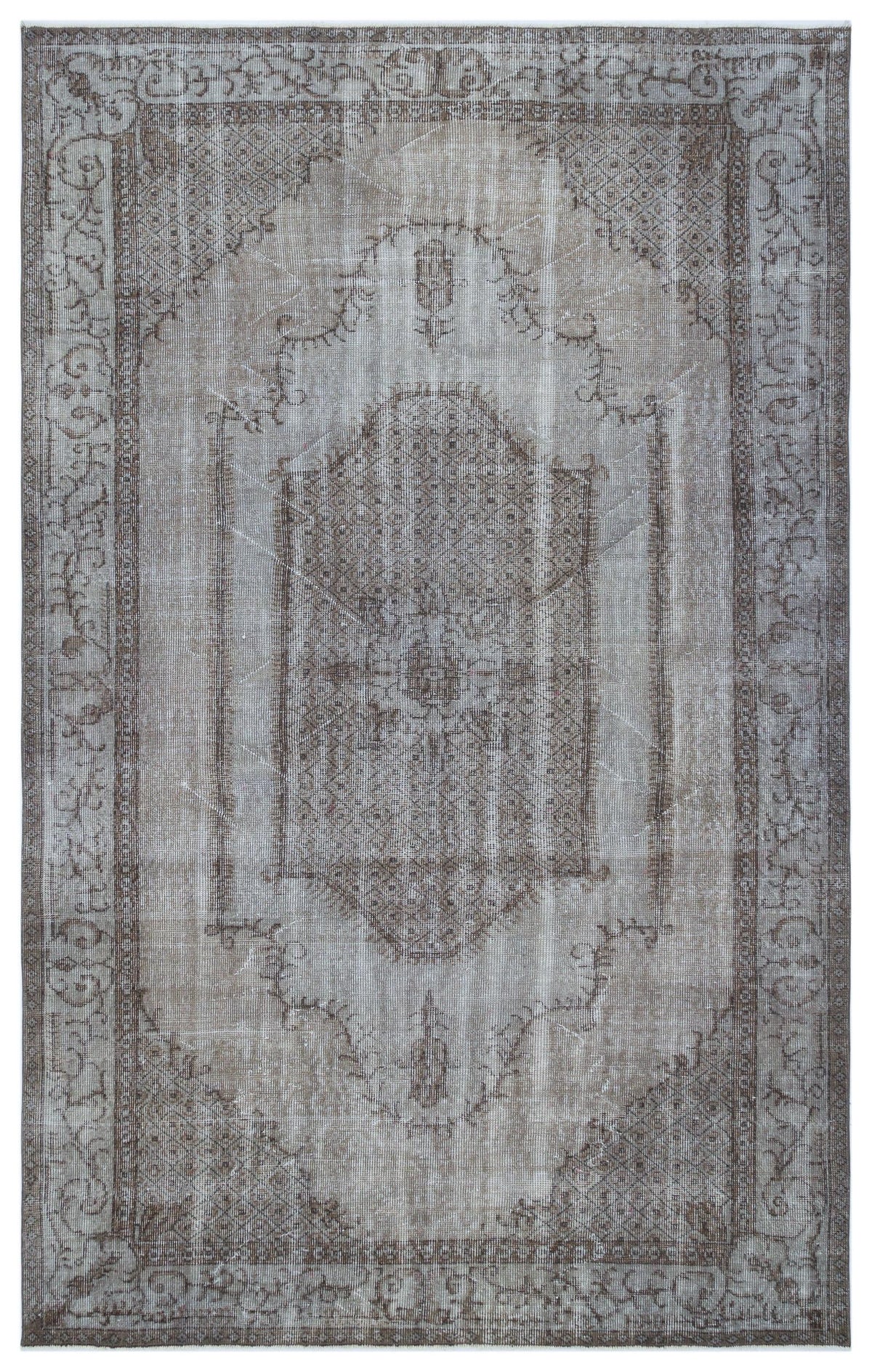 Distressed taupe and grey rug with a central medallion and ornate floral border on a white background.