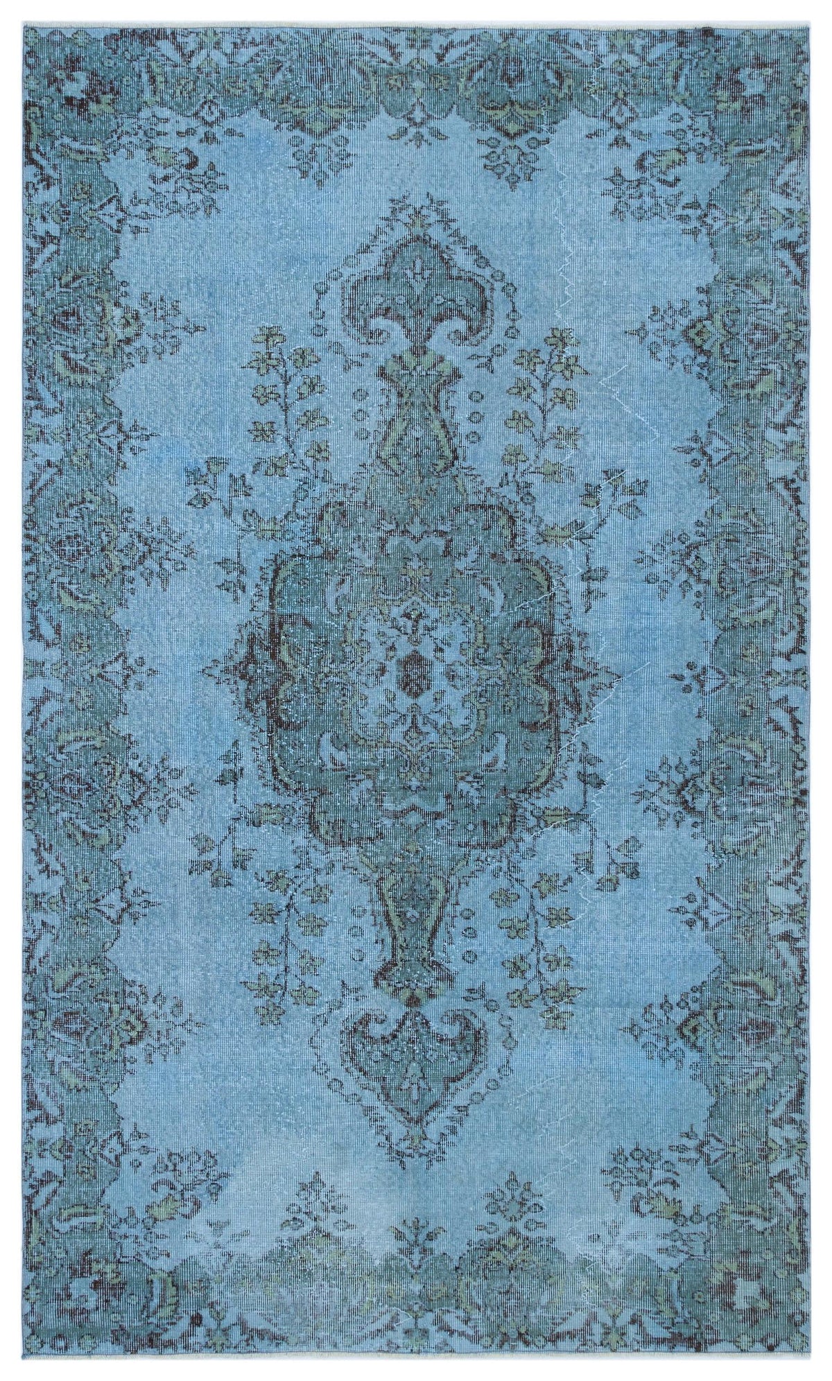 Light blue traditional rug with a dark teal central medallion and ornate floral border.