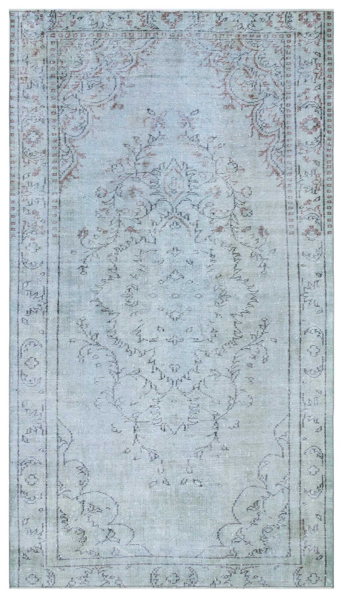 Light blue distressed rug with a faded central floral medallion and thin charcoal and rust-colored border patterns.