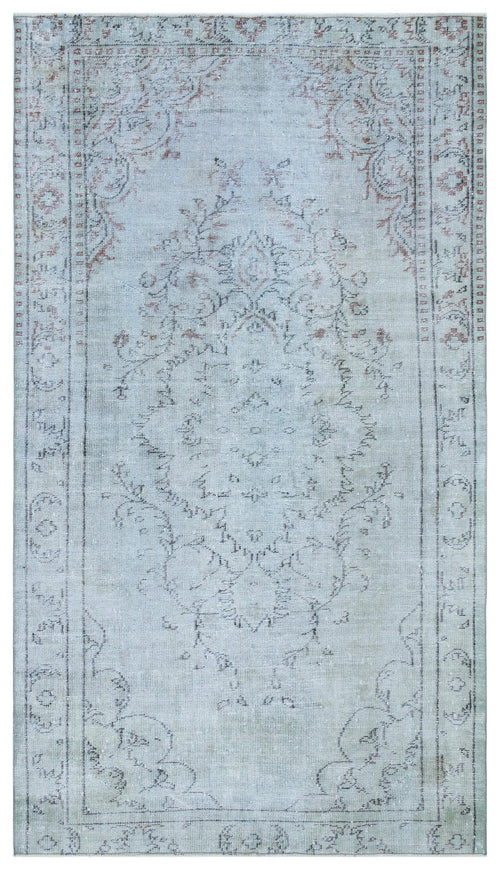 Load image 1 in gallery view. Light blue distressed rug with a faded central floral medallion and thin charcoal and rust-colored border patterns.