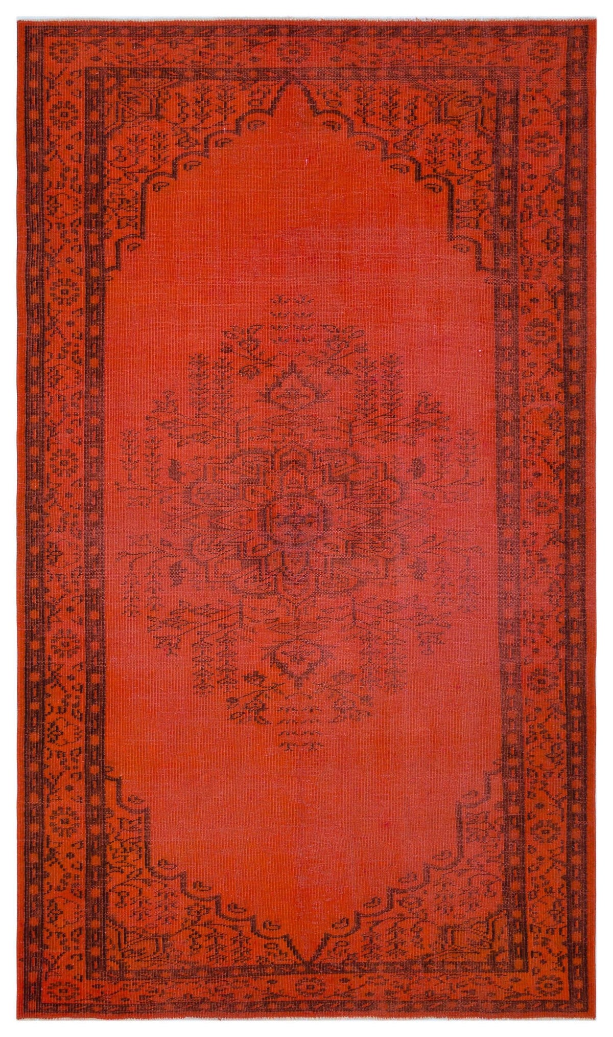 Bright orange rug with a dark brown traditional floral medallion and ornate border pattern on a white background.