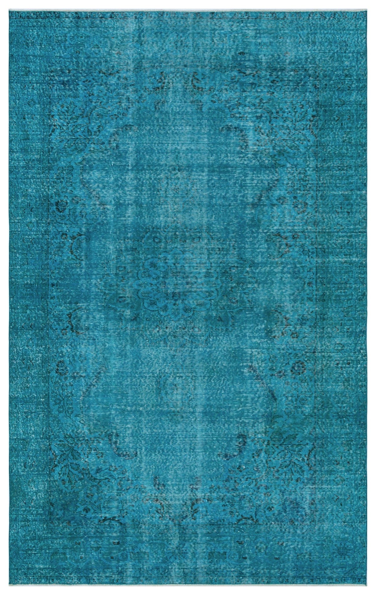 Teal distressed area rug with a faded traditional floral medallion pattern.