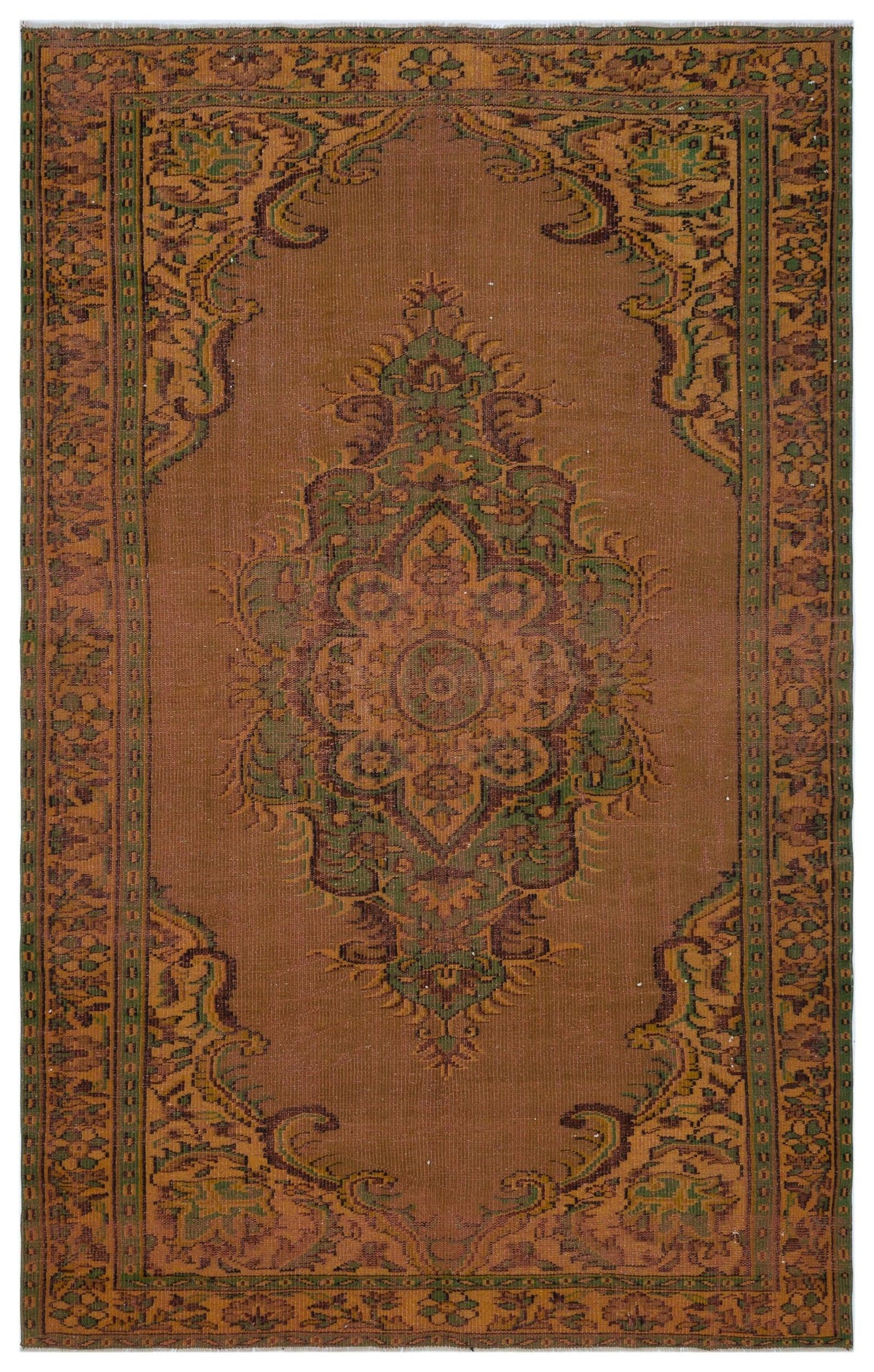Brown and green traditional rug with a central floral medallion and ornate border pattern.