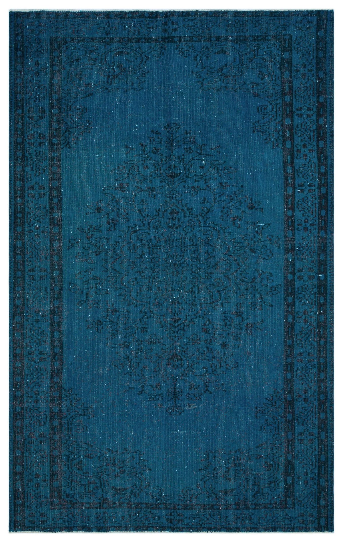 Deep blue distressed rug with a dark central medallion and ornate border pattern on a white background.
