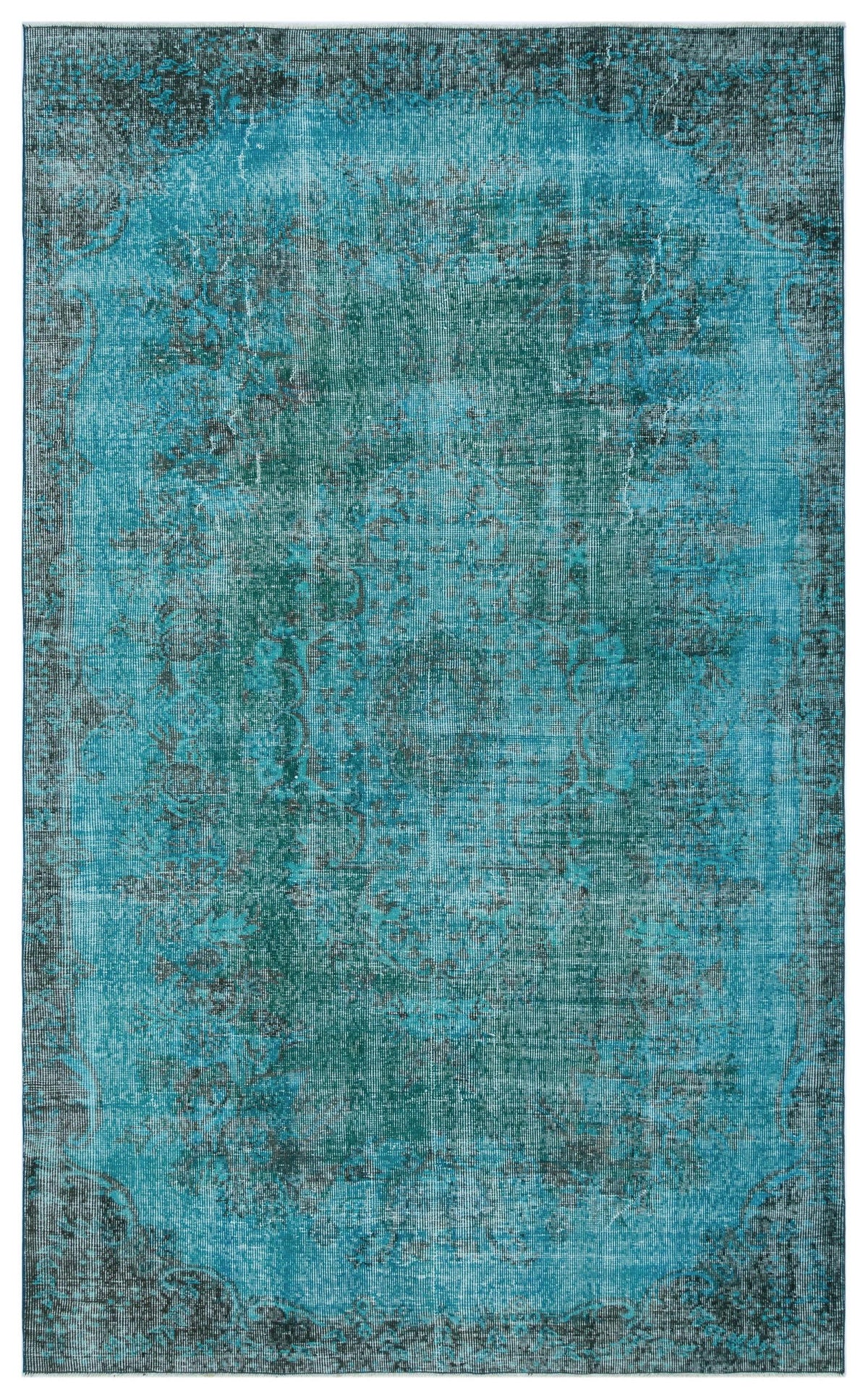 Teal and charcoal distressed traditional rug with a central medallion and ornate border pattern on a white background.