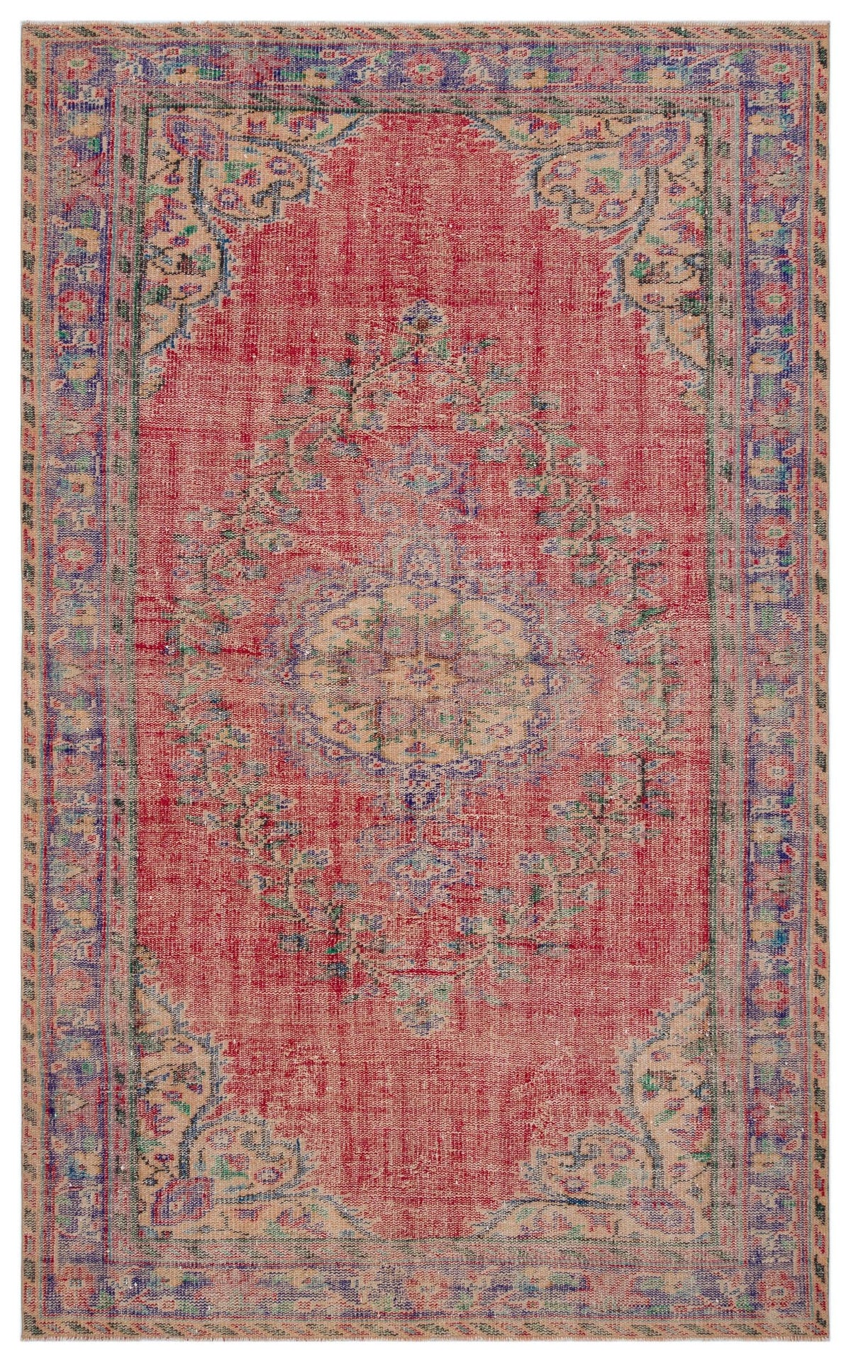 Red vintage-style rug with a central beige medallion, floral motifs, and a distressed finish on a white background.