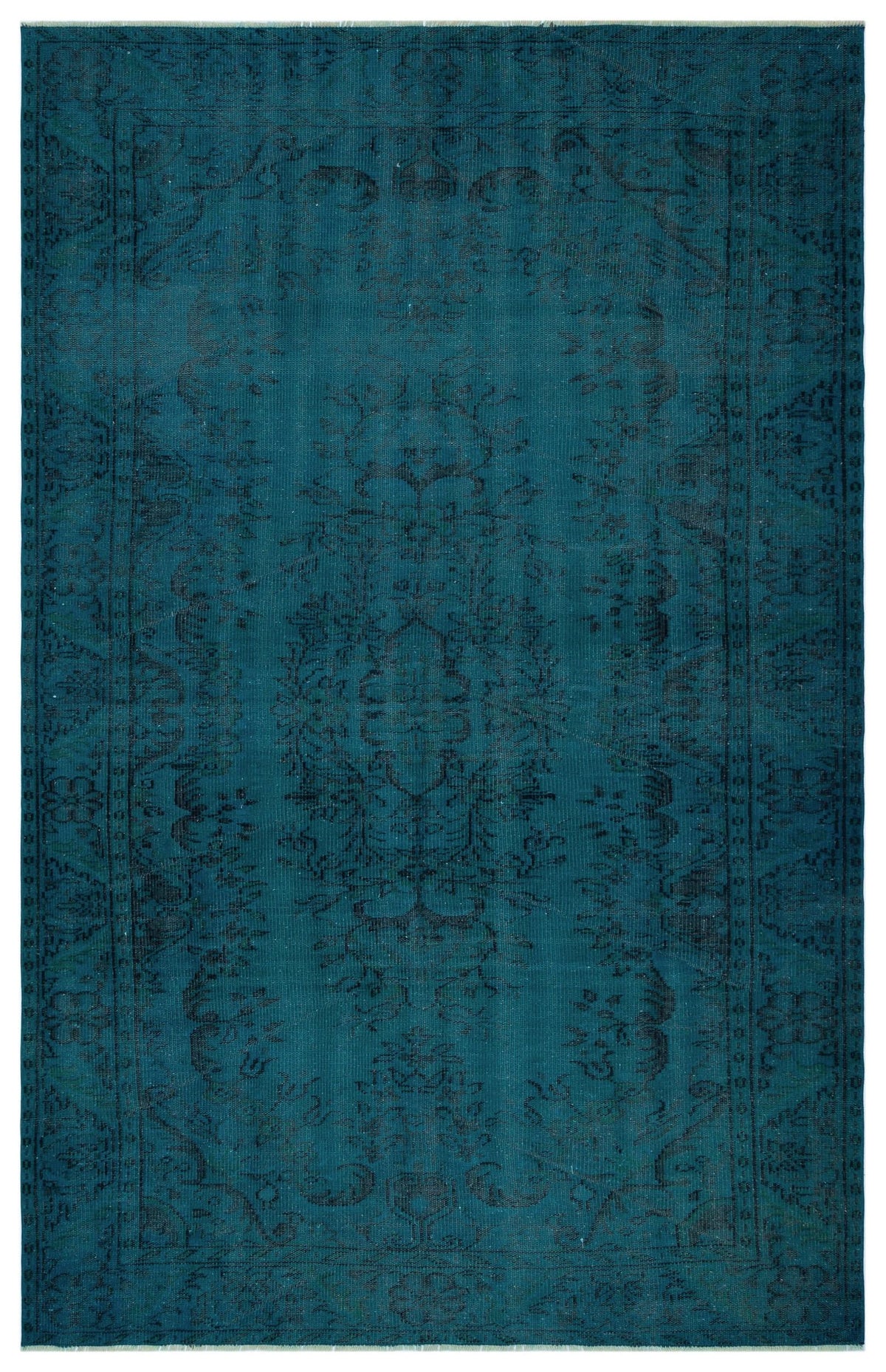 Teal vintage-style rug with a dark, distressed floral medallion pattern and a decorative border.