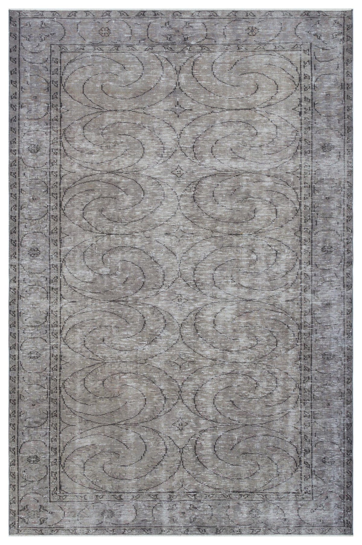 Grey distressed rug with a repeating dark grey swirl pattern and a decorative border on a white background.