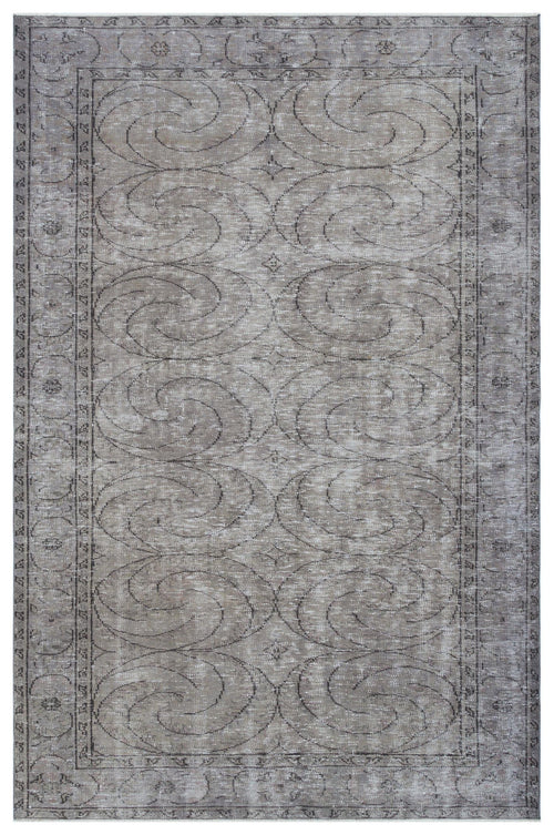 Load image 1 in gallery view. Grey distressed rug with a repeating dark grey swirl pattern and a decorative border on a white background.