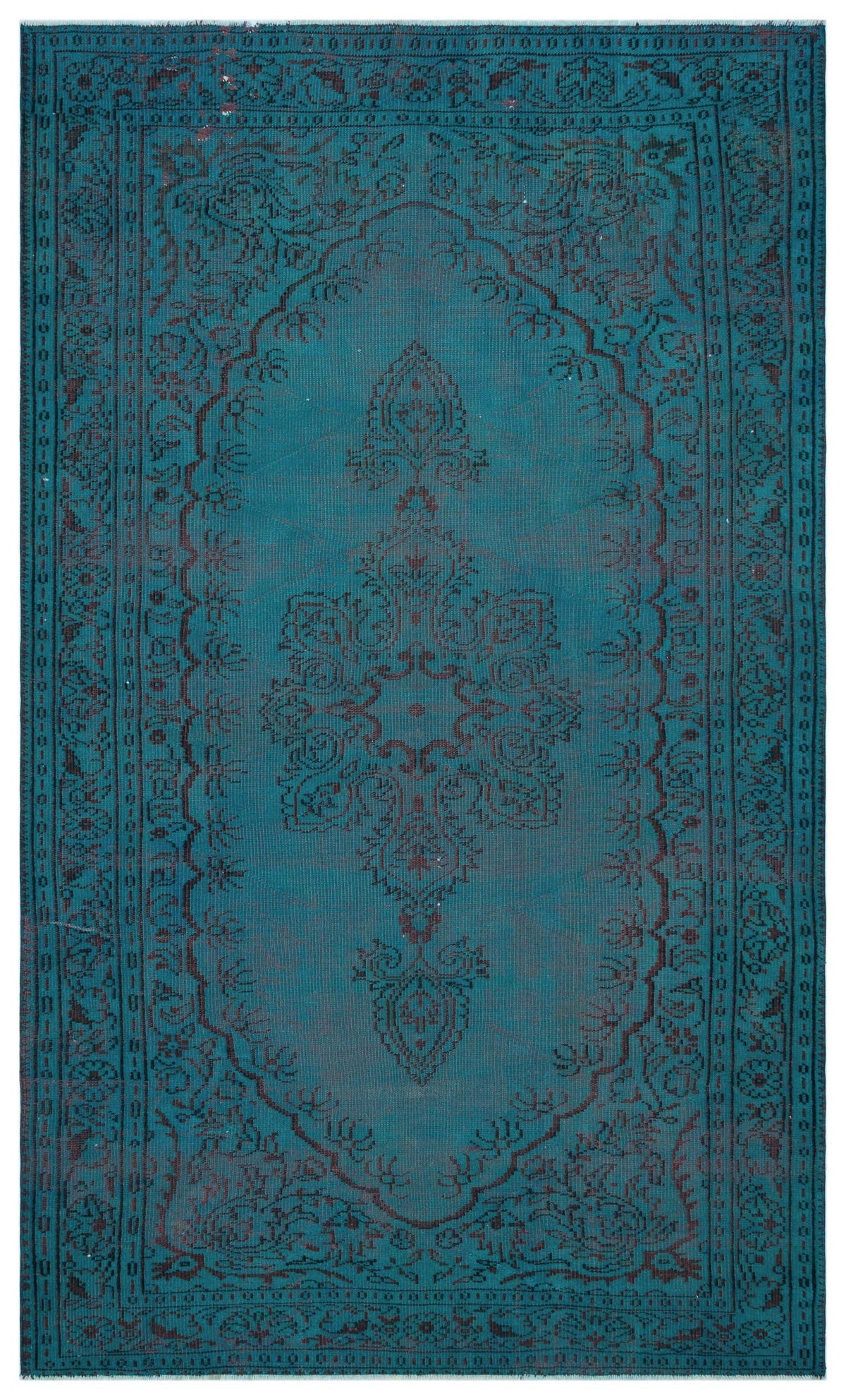 Teal and dark brown traditional rug with a central floral medallion and ornate border pattern.