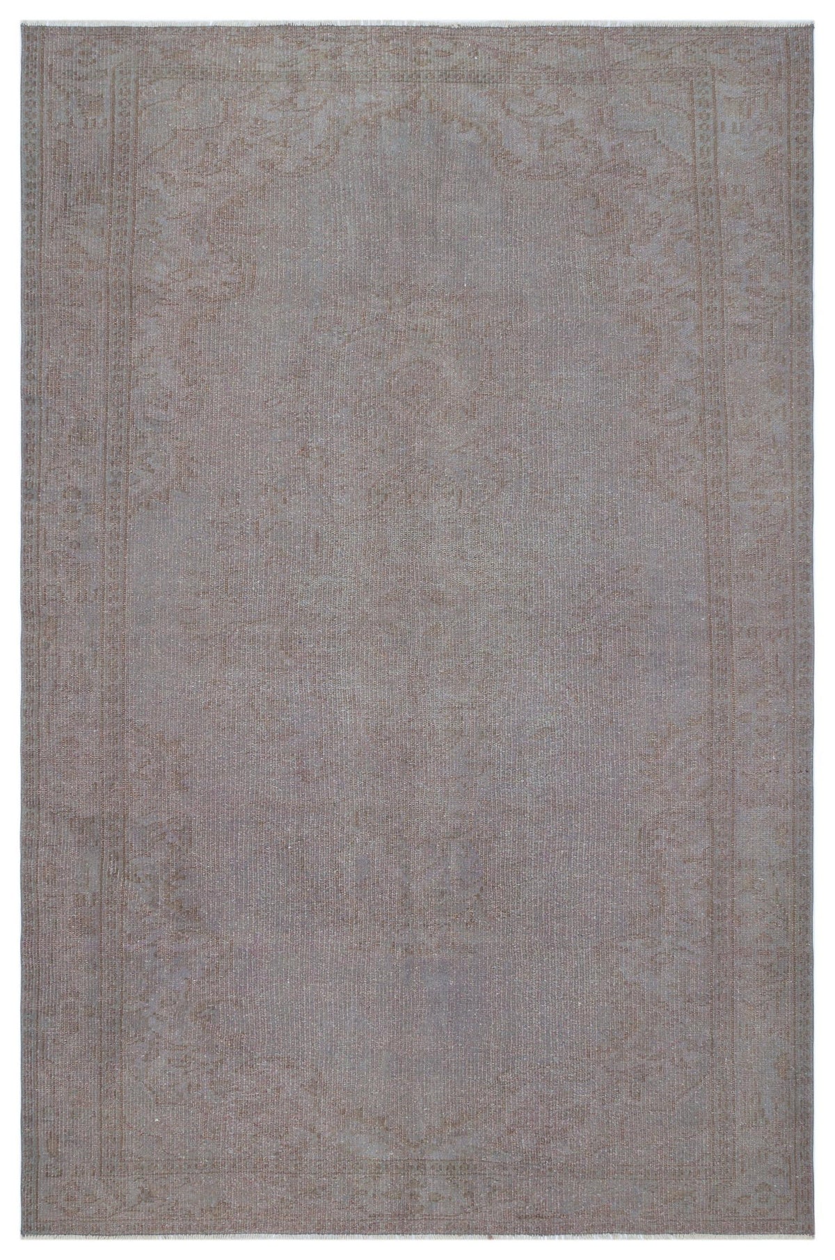 Muted taupe and grey vintage-style rug with a faint, distressed central medallion and border pattern.