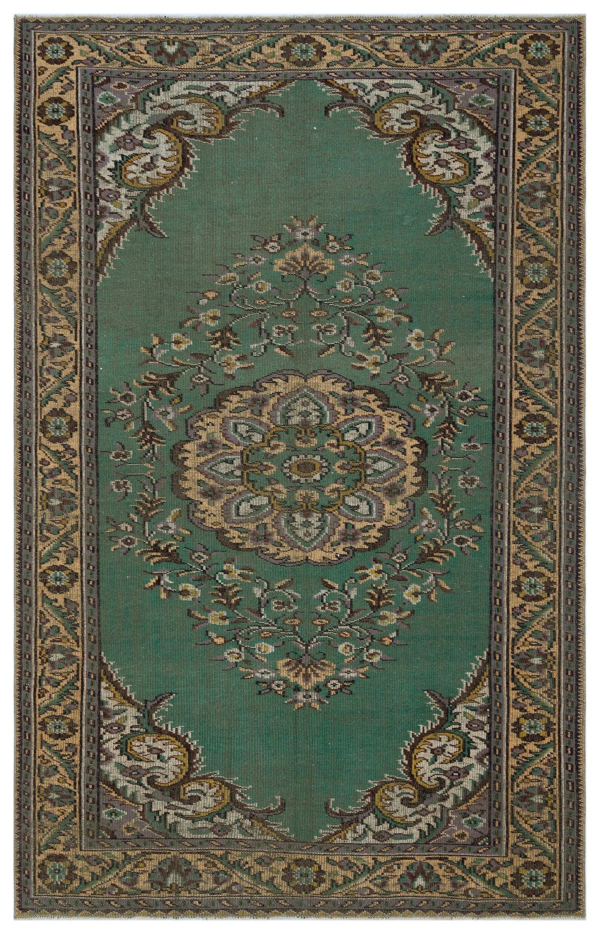 Emerald green traditional rug with a central floral medallion and ornate border in shades of beige, brown, and grey.