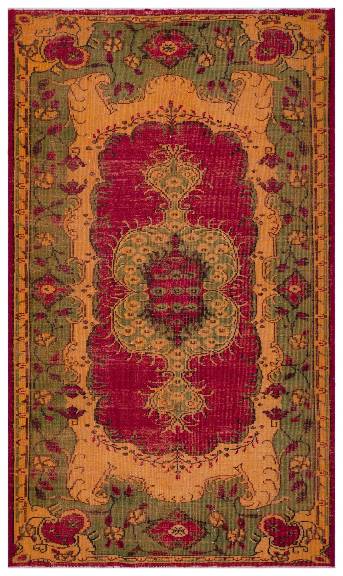 Traditional rug with a central red medallion, olive green border, and orange accents featuring floral and vine motifs.