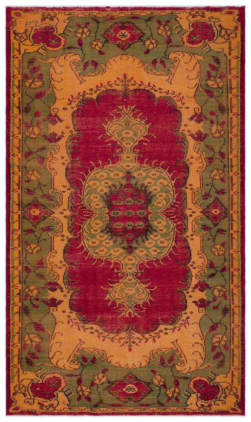 Load image 1 in gallery view. Traditional rug with a central red medallion, olive green border, and orange accents featuring floral and vine motifs.