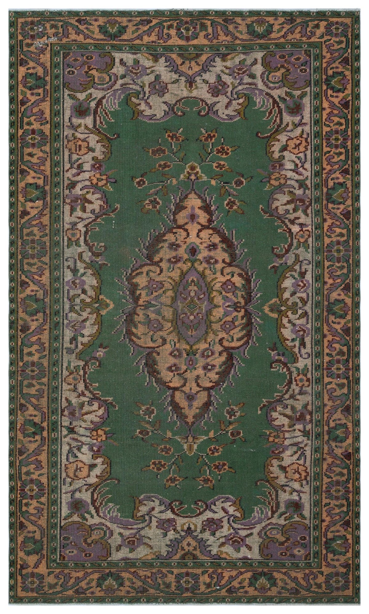 Emerald green traditional rug with a central floral medallion and ornate border in shades of purple, tan, and brown.