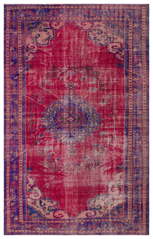 Load image 1 in gallery view. Distressed magenta and purple traditional rug with a central floral medallion and ornate border on a white background.