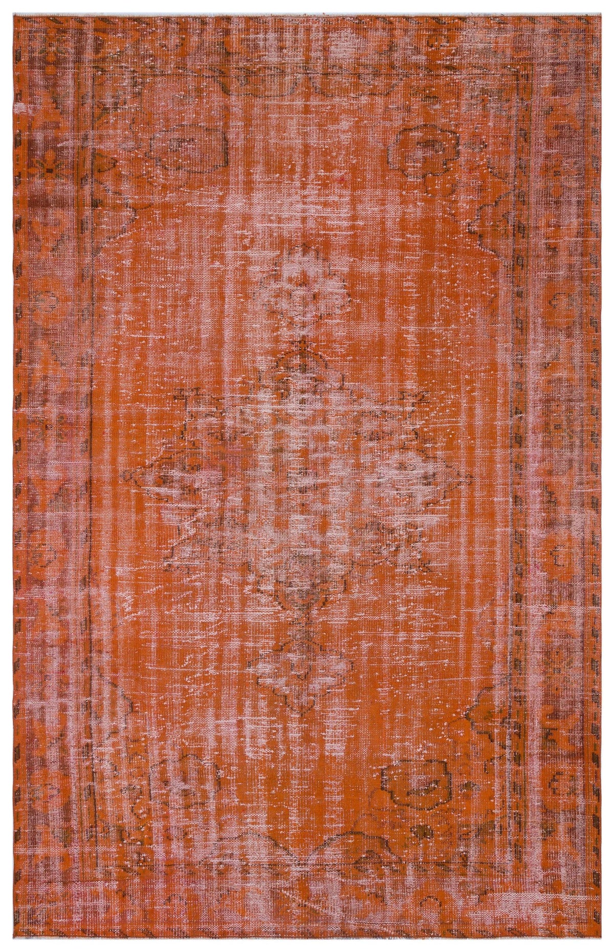 Burnt orange distressed rug with a faded central medallion and traditional border pattern.