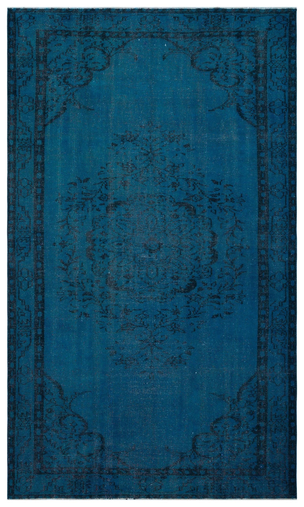 Deep teal rug with a black traditional floral medallion pattern and a decorative border.