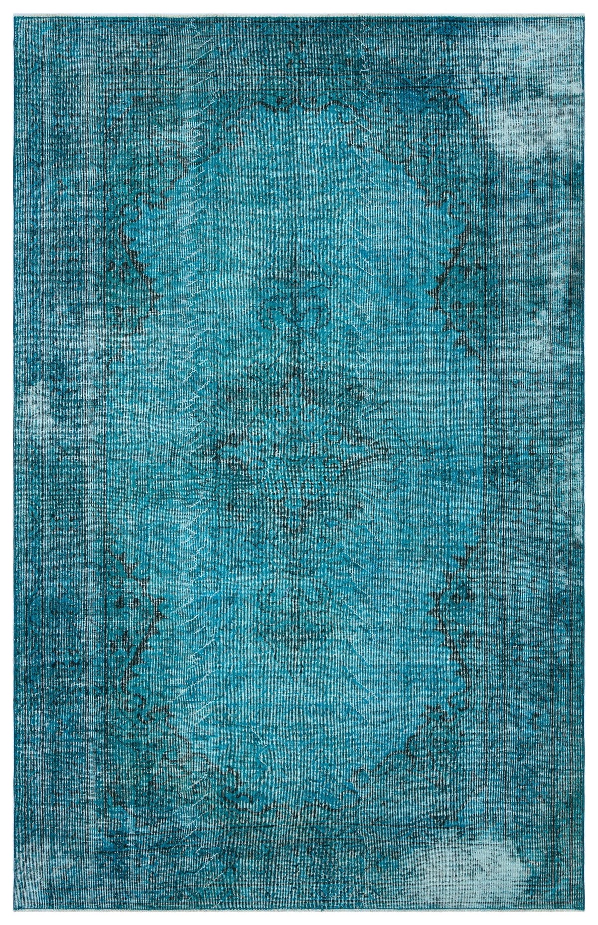 Teal and dark blue distressed rug with a faded traditional medallion pattern on a white background.