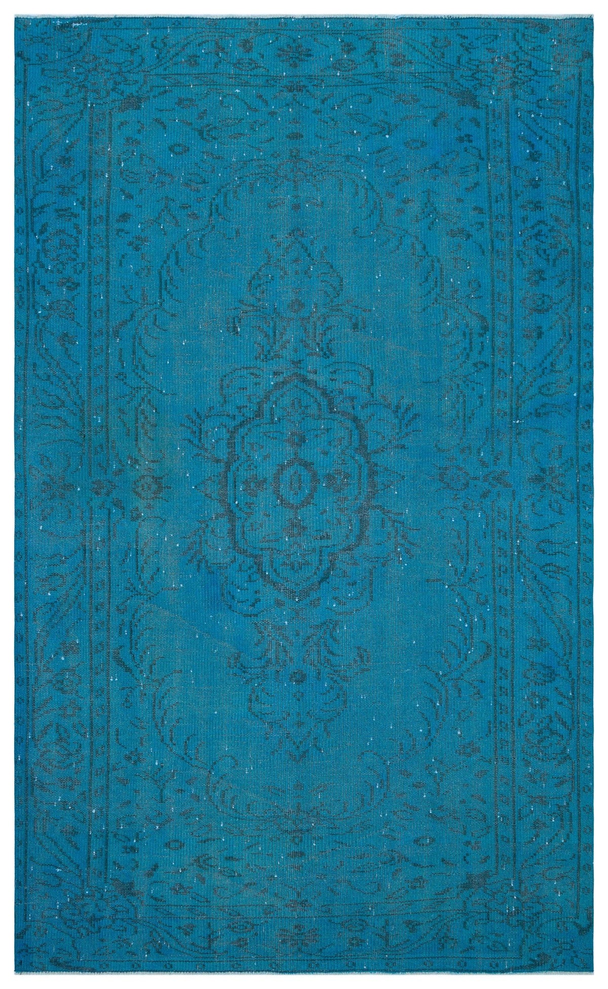 Bright blue distressed rug with a dark grey traditional floral medallion pattern and ornate border.