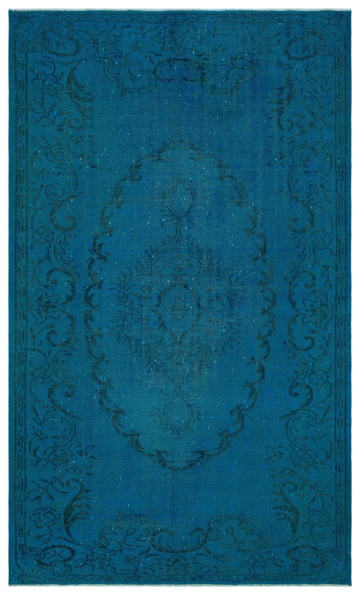 Monochromatic teal rug with a distressed traditional medallion and floral border pattern.