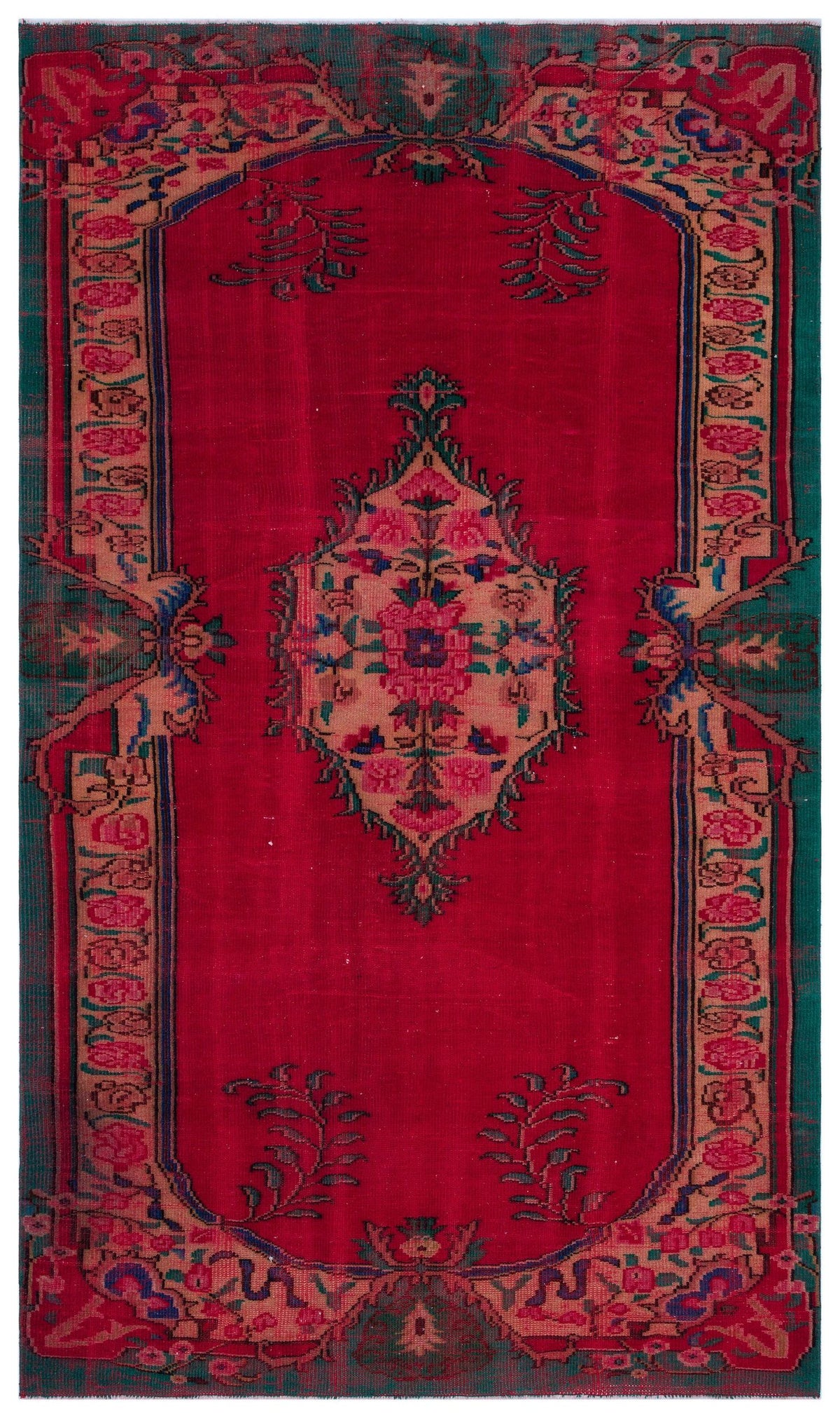 Red vintage-style rug with a central floral medallion, teal border, and intricate botanical motifs.