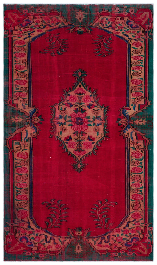 Load image 1 in gallery view. Red vintage-style rug with a central floral medallion, teal border, and intricate botanical motifs.